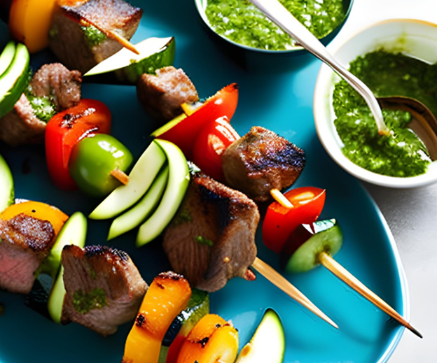 Beef and Vegetable Skewers with Chimichurri Sauce